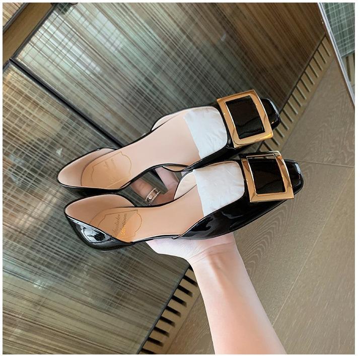 Grape Mother Same Style Summer and Autumn Simple Classic RV Square Buckle Flat Shoes Shallow Mouth Small Square Head Commuting Hollow Single Shoes Wo