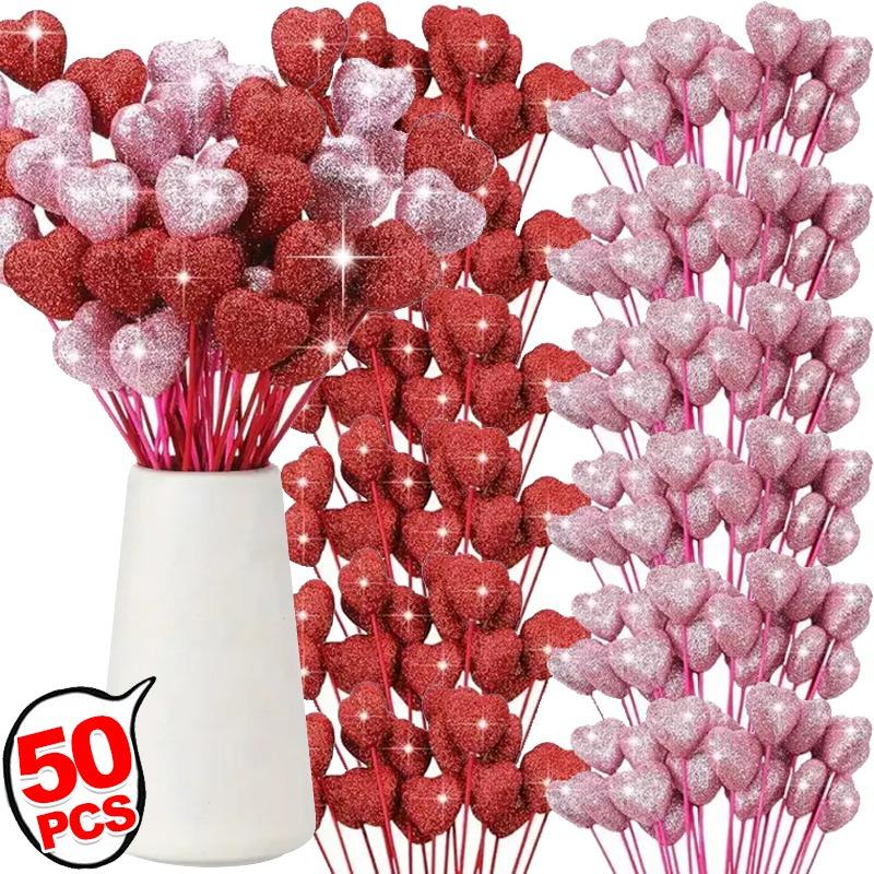 Wholesale Glitter Heart Foam Sticks Red Pink White Heart-Shaped Ornament Flower Pot Decorations for Bouquets Home Tabletop Decor