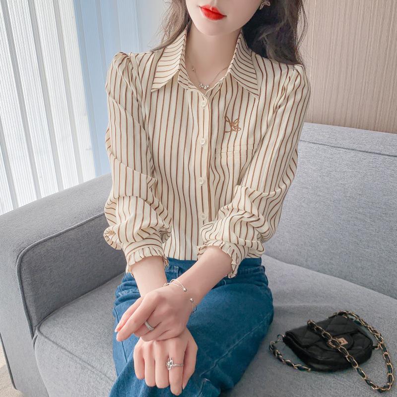 2025 Autumn/Winter Women s Striped Long Sleeve Velvet Shirt - Embroidered Casual Top L
