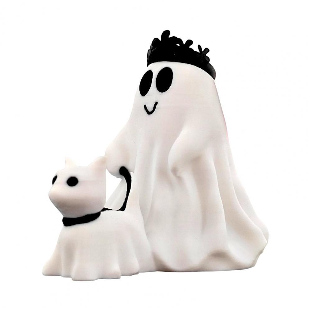 Ghost Figurine for Halloween White Ghost Holding Pumpkin Cat Spooky Resin Ornament Engraved Halloween Decoration