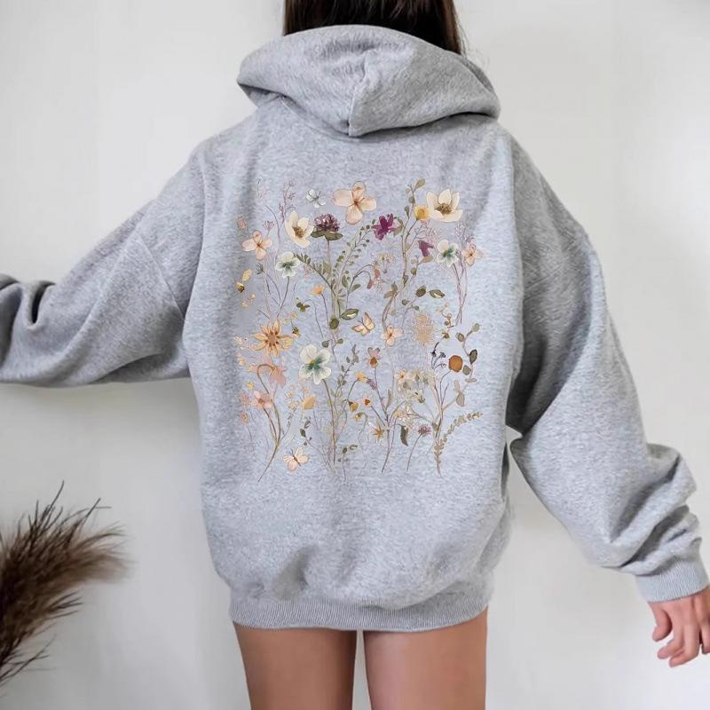 2025 Trendy Floral Print Loose Plus Size Pullover Hoodie Sweatshirt