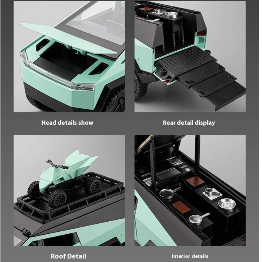 Tesla Cybertruck Camping Pickup mit Motorrad, SUV, Offroad-Modellauto aus Metall im Maßstab 1:24, Sammlerstück, Spielzeug für Kinder