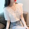 Summer New Sweet Temperament Lace Ruffle Edge V-neck Bubble Short Sleeve White Chiffon Shirt Top Female A