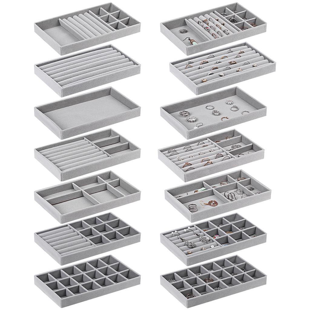 Ulele 14 Pack Jewelry Trays Organizer Velvet Stackable Jewellery Drawer Organiser Tray Insert Divided Storage Box Display Tray,R