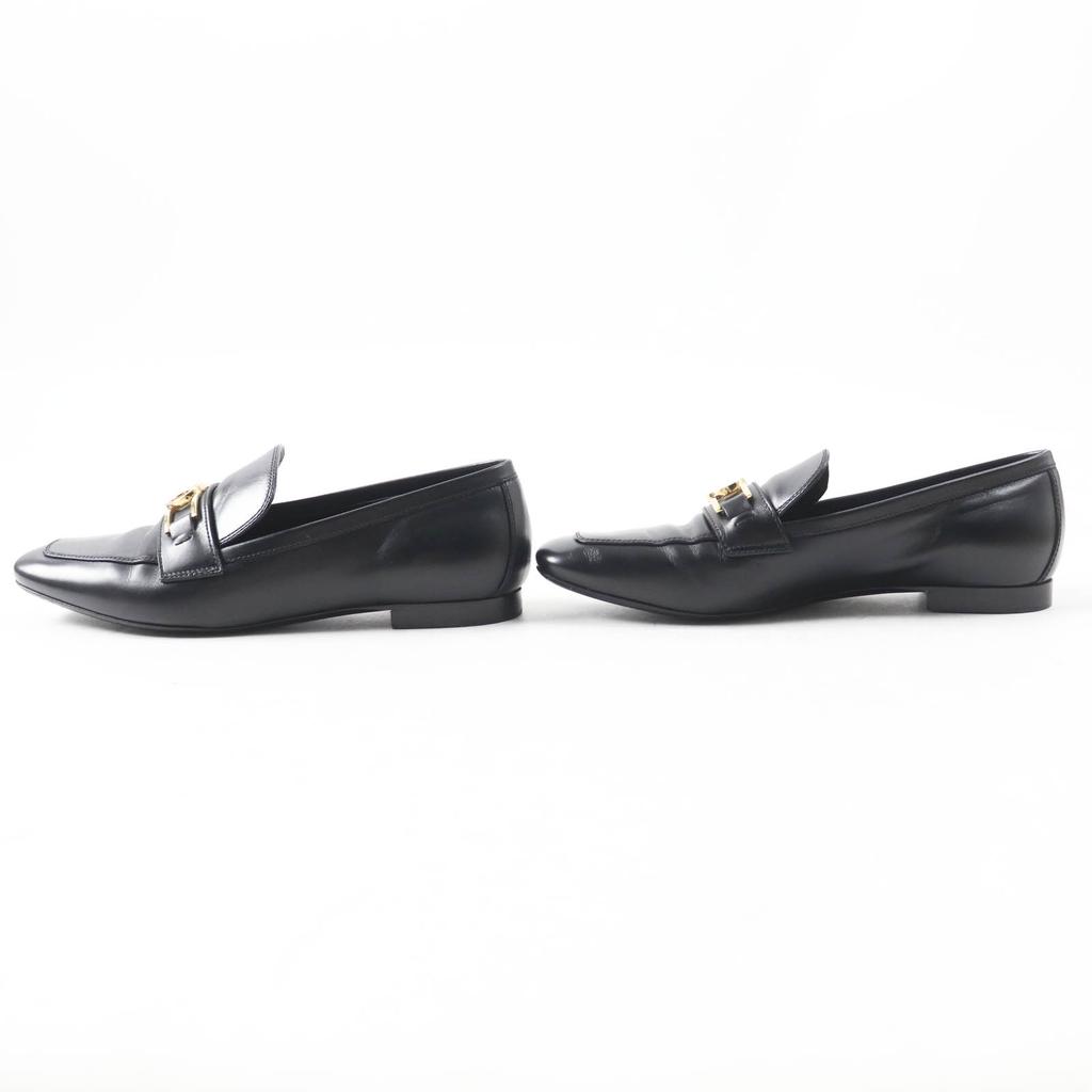 LOUIS VUITTON loafers Square toe with LV Metal logo black leather Women 37.5 Used