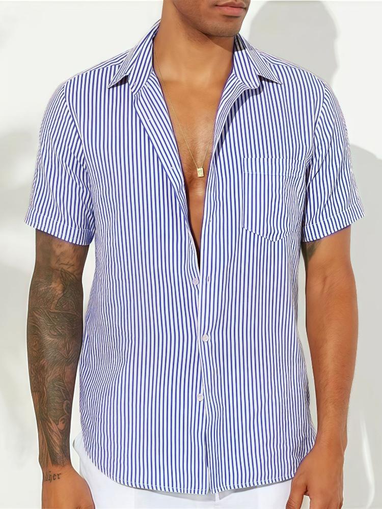 

Men s Fashionable Color Woven Striped Casual Short Sleeved Shirt 3XL синий