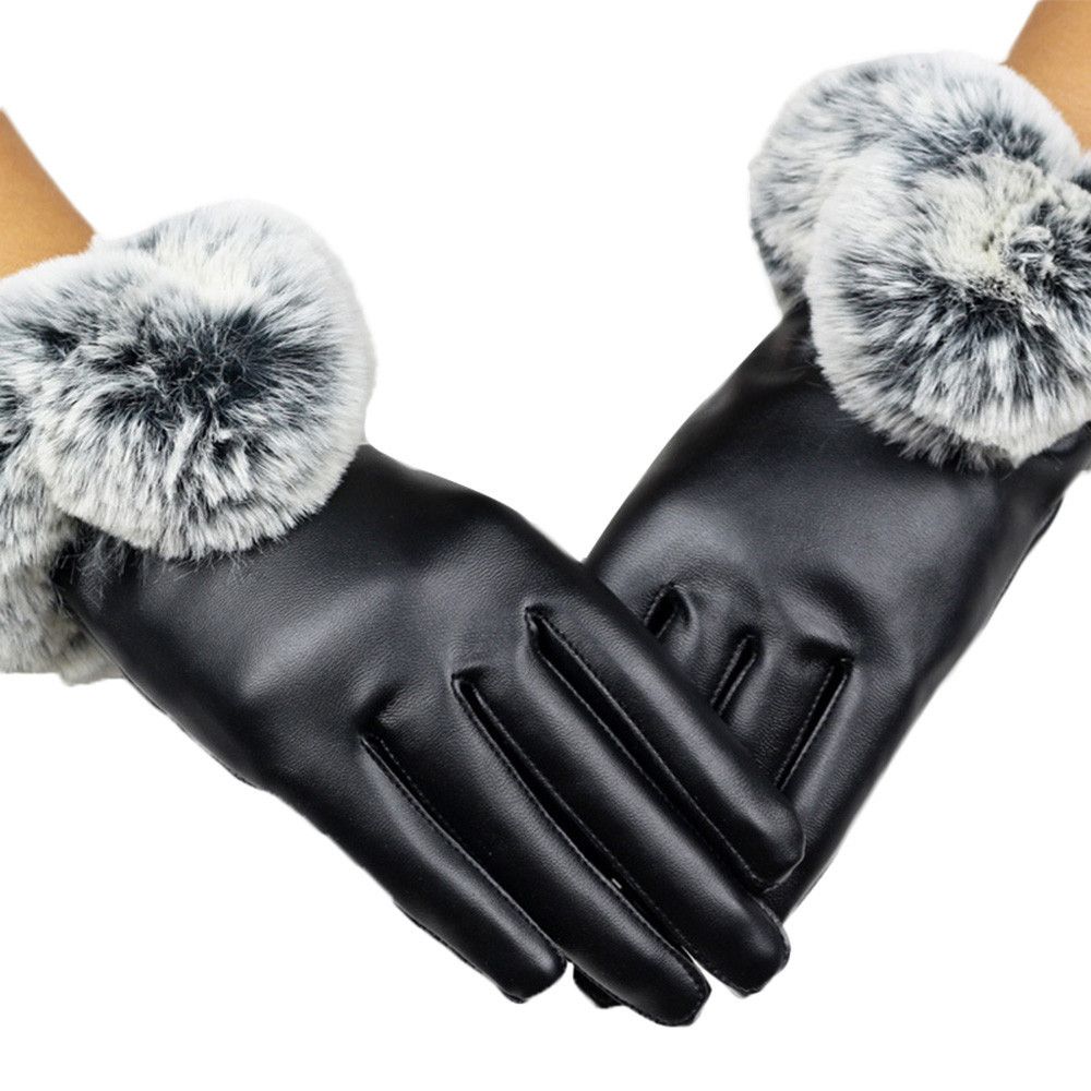 Plus Velvet Waterproof Windproof Touch Screen Mittens Faux Fur Gloves Cashmere Gloves PU Leather