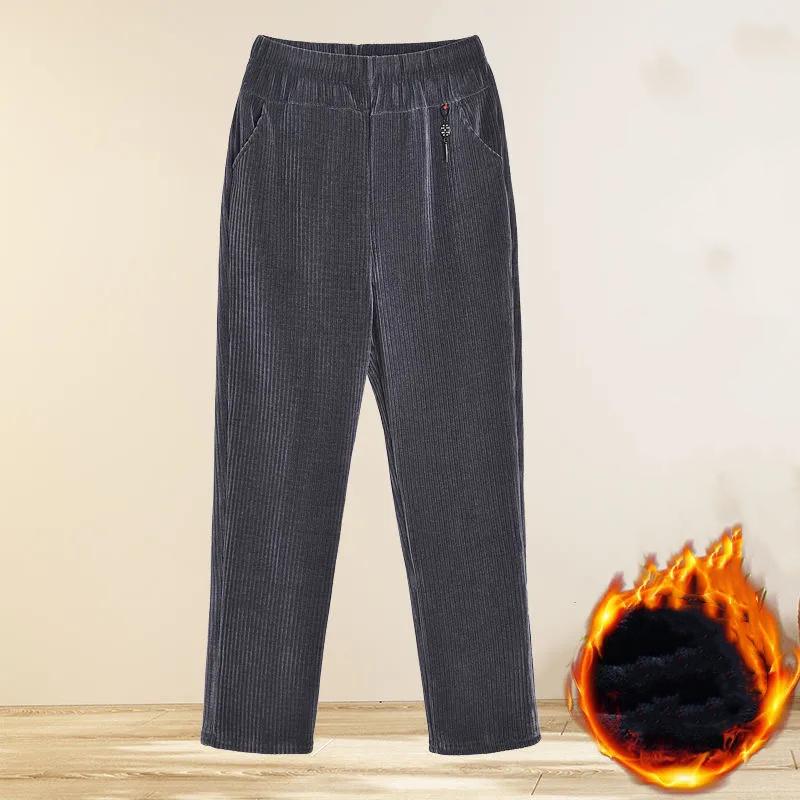 Women Autumn Winter Fleece Thicken Straight Pants Plus Size Corduroy Pants Middle-age Loose Warm Casual Trousers