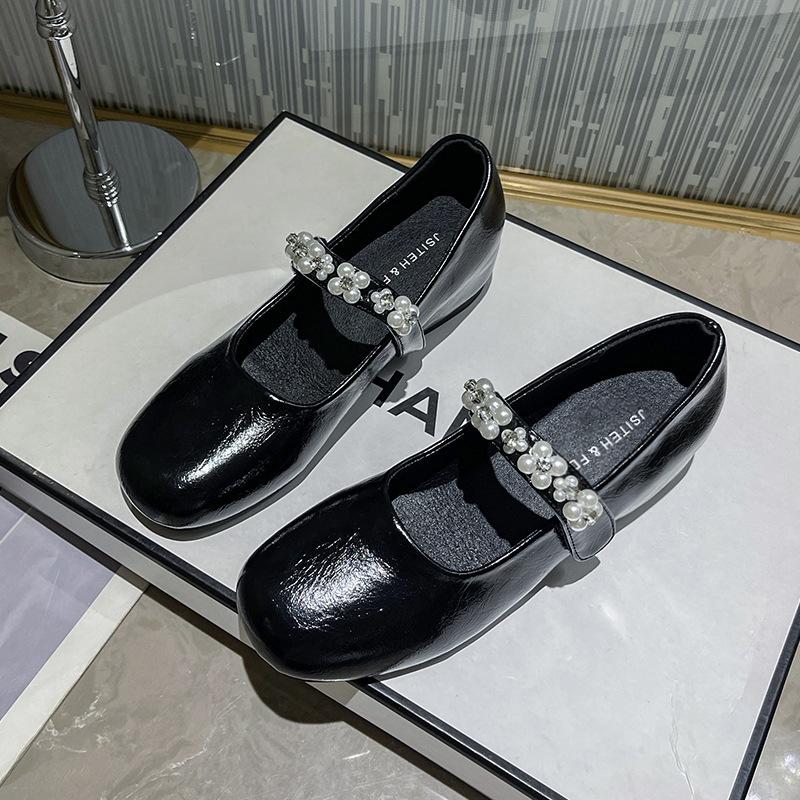 Square Head Silver Mary Jane Shoes Women's Summer Skirt Temperament Versatile Small Leather Shoes Flat Bottom Shallow Mouth Single Shoes Doudou Shoes