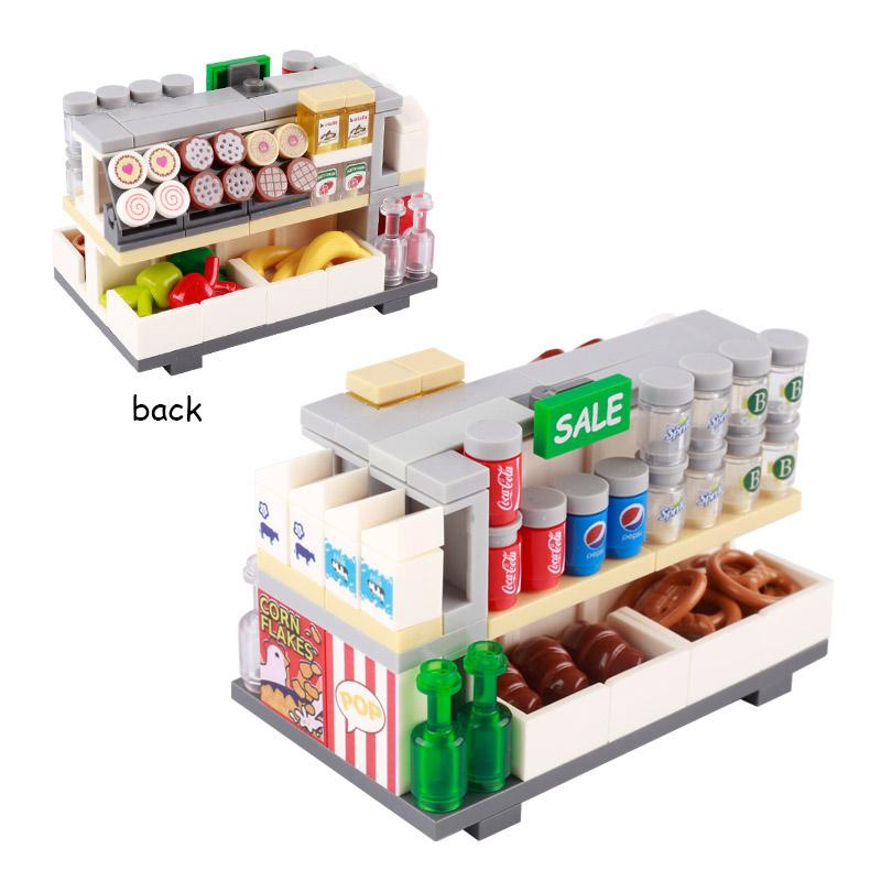 MOC Bricks Accessories City Supermarket Shop Store Building Blocks Street View Drink Food Vegetable Food Dessert Blocks Printed