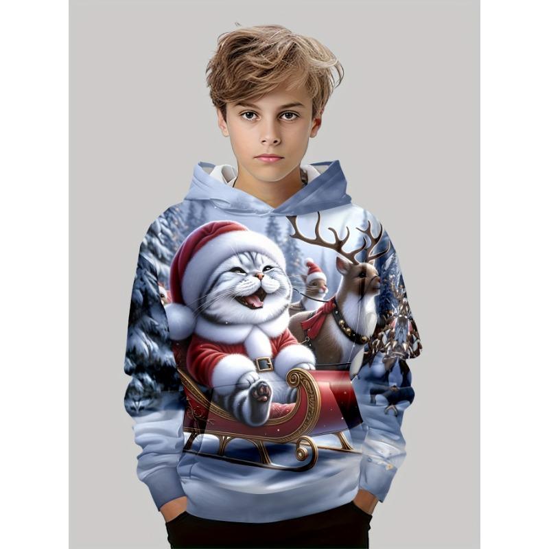Men's Christmas Graphic Hoodie Cartoon Santa Claus Pattern Loose Casual Comfortable Clothes Harajuku Style Kids Pullover