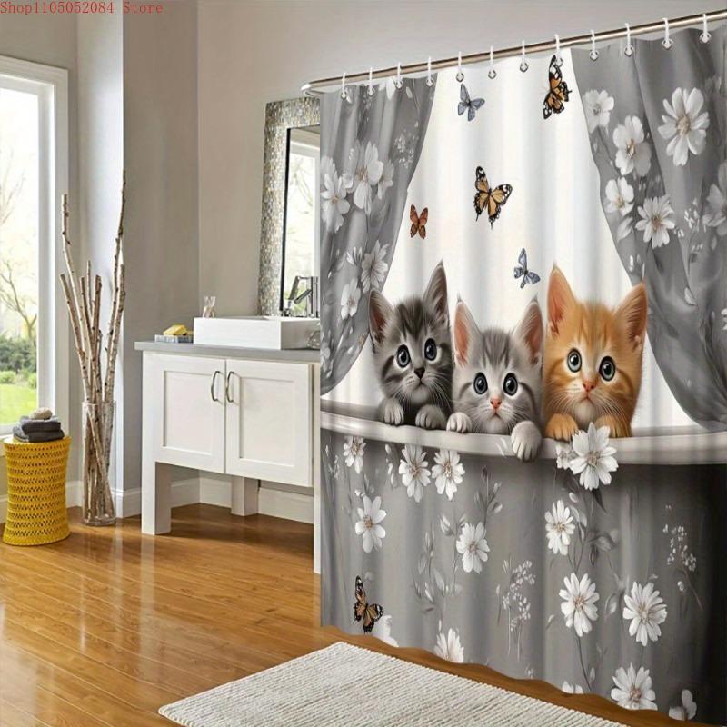 1Pc Adorable Cats Shower Curtain Polyester Fabric Watercolor - With Hooks Waterproof Mildew Proof Easy Install Washable