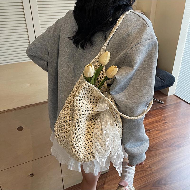 Yogodlns Women Crochet Tote Bag Fashion Knitted Large Capacity Woven Shoulder Bags Solid Color Simple Shopping Bag for Summer Beach
