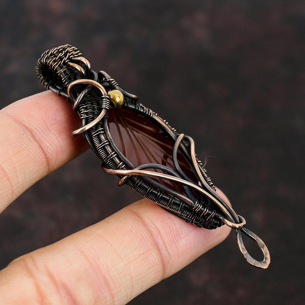 Geschnitztes Blatt Karneol Anhänger Edelstein Kupferschmuck Kupferdraht gewickelter Anhänger Handgefertigter Designeranhänger Hochzeitsgeschenk Karneol Schmuck