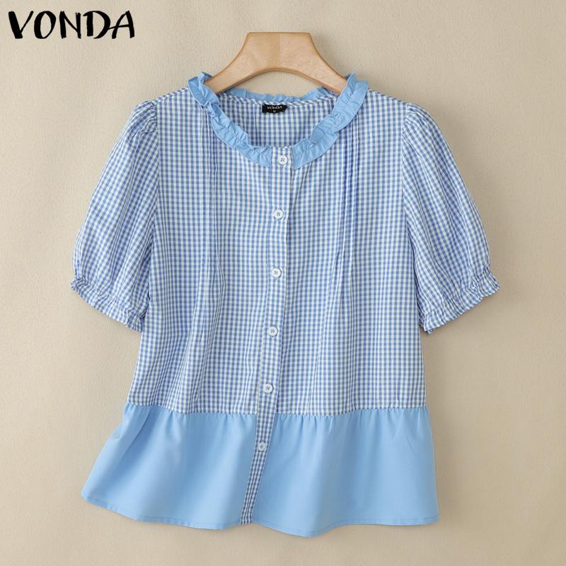 

VONDA Summer Women Stitching Puff Sleeve Plaid Print Patchwork Casual Blouse S синий