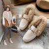 Retro Loafers  Fashion Women'S Shoes Autumn And Winter Women Velvet Warm Flat-Bottomed Rabbit Fur Leather Shoes