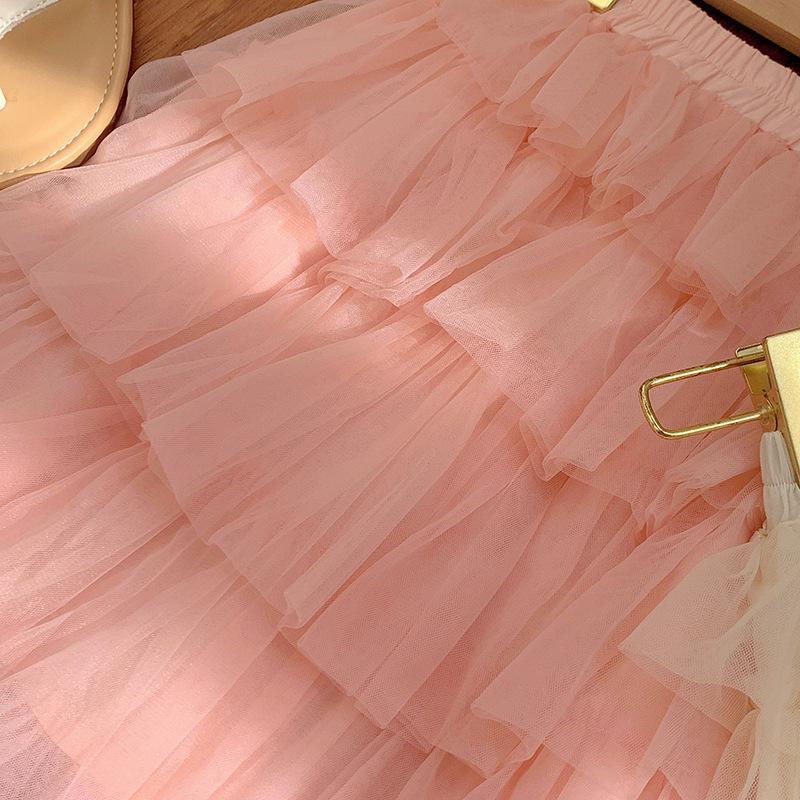 2025 Spring/Summer Korean Layered Cake Mesh Skirt for Girls – Sweet and Fashionable Princess Dress