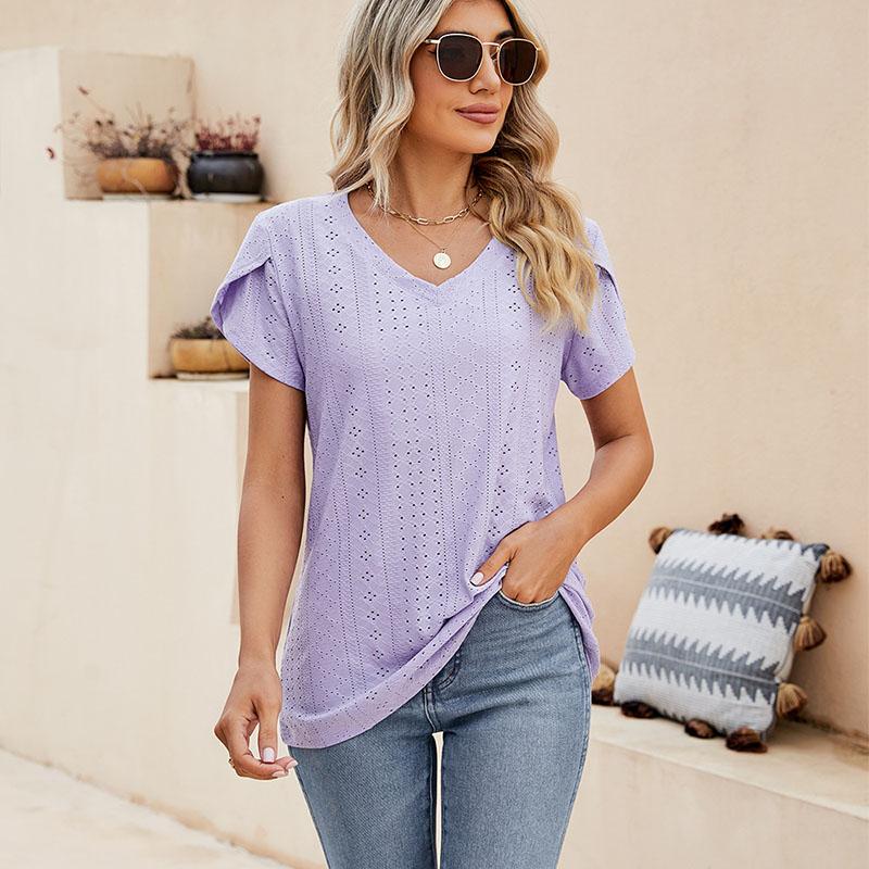 Summer Women's T-shirt Solid Color V-neck Tile Sleeve Loose Short Sleeve T-shirt Tops