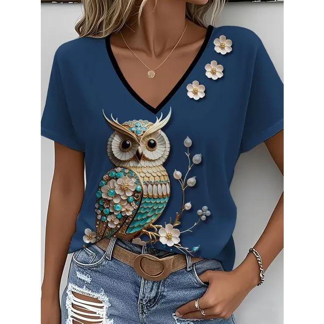 Summer V-neck 3D Flower Themed Pattern Printed Top Fashionable Casual Short Sleeved Women's T-shirts