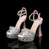 Fashion 14CM Style Rhinestone Sequined Peep Toe Women Gladiator Sandals Summer Elegant High Heels Crystal Wedding Banquet Bridal Shoes