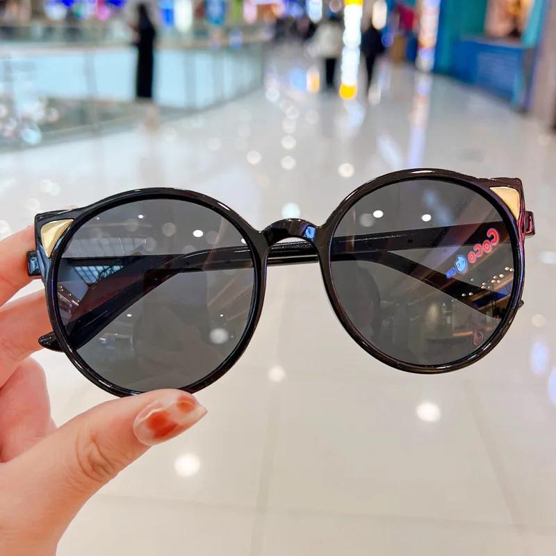 

Fashion Fashion New Cat Ear Ultraviolet Sunglasses for Girls Boys Vintage Round Frame Sun Glasses Eyewear Kids Children Outdoor Shades as picture чёрный