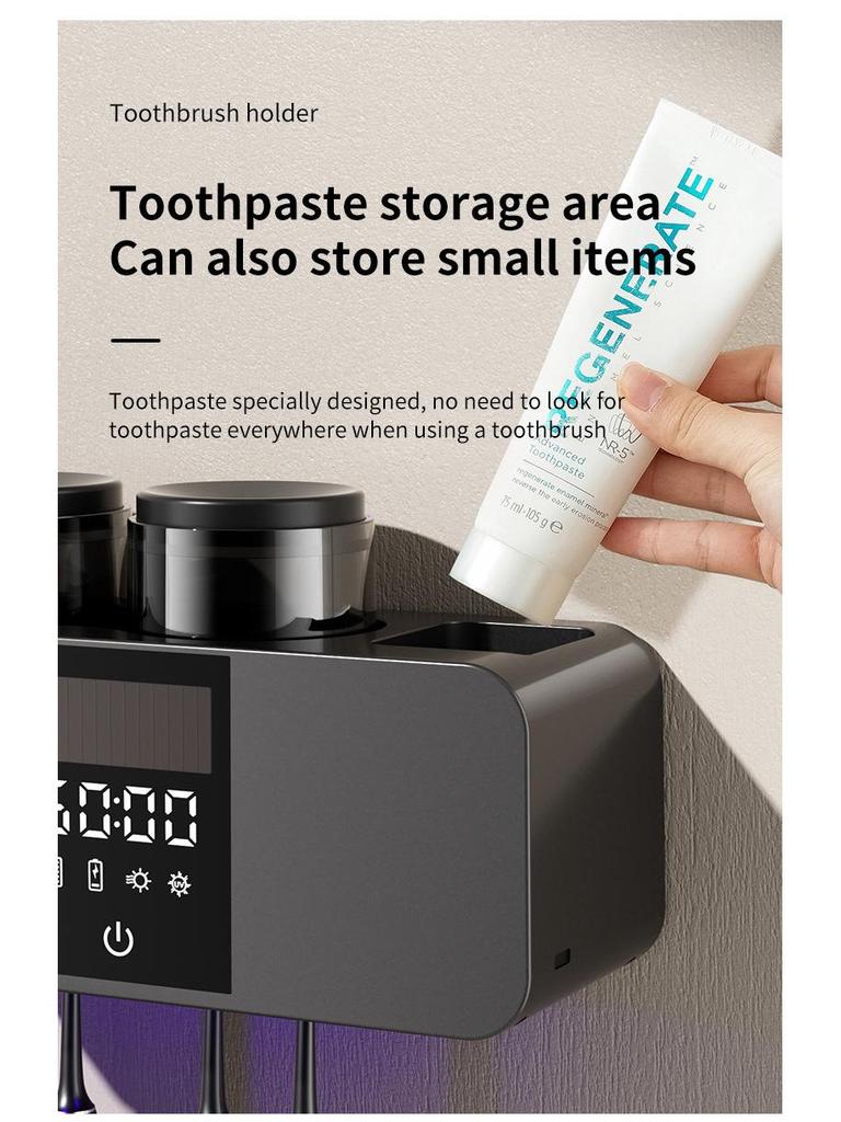 Olovvs Smart UV-Zahnbürstensterilisator mit elektrischer Trocknung, stanzfreier Installation, Mundspülbecher und Zahnpastahalter.
