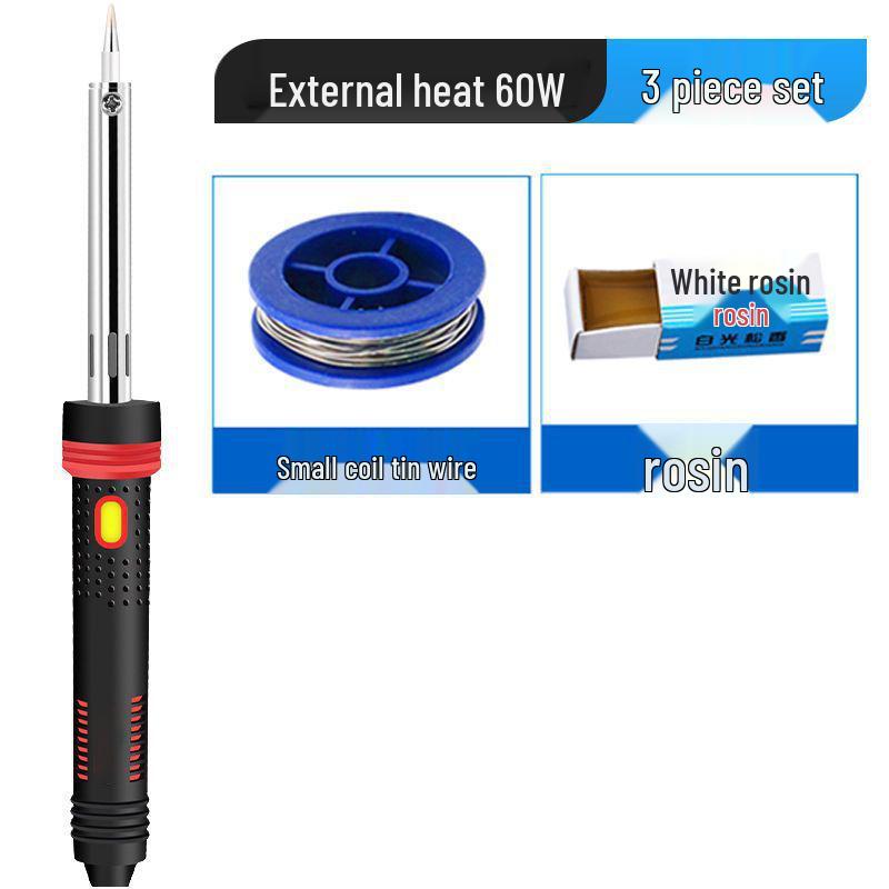 60W External Heating Soldering Iron Set with Rubber Handle, Pointed Tip & Indicator Light