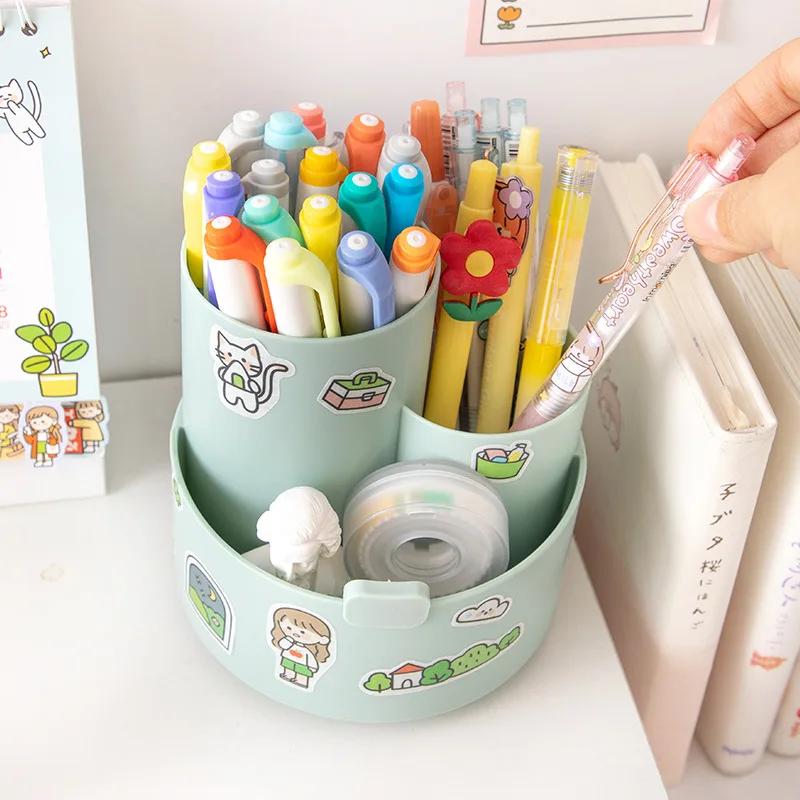 Kawaii Plastic Multifunctional Desktop Organizer Pen Holder Phone Stand Holder Rotating Pen Holder School Stationery