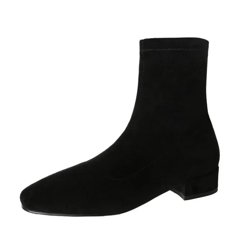 Flats Ankle Boots Suede Warm Women Shoes Winter Brand Square Toe Casual Chelsea 2025 Trend Low Heels Snow Boots Mujer Zapatos