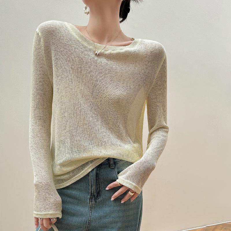 Summer Thin Long Sleeve T Shirts for Women Round Neck Loose Knitted T-Shirt Solid Color Casual Tee Tops