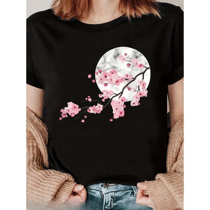 

European sizes Women s Artistic Floral Print T-Shirt Holiday Wear, Graduation Outfit, Spring/Summer New Arrival 4XL
