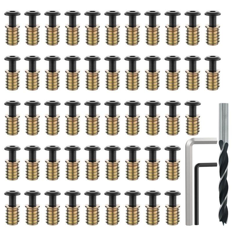 A74E-Threaded Insert And Bolt Kit- 50 Sets Of 1/4-20 X 19/32" For Wood, Hex Socket Drive Furniture Screw Nut Assortment