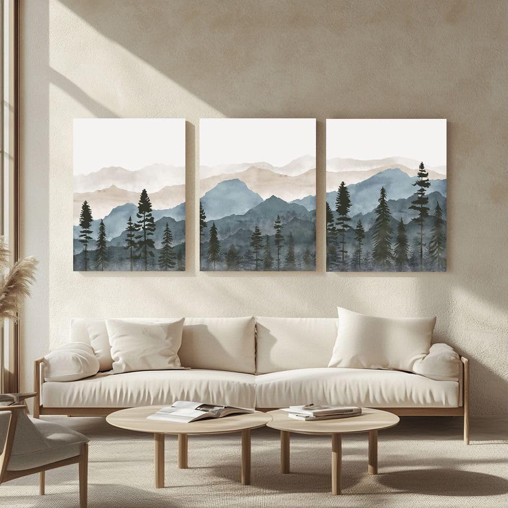 LAKELUUYAA Nordic Modern Abstract Blue Watercolor Canvas Art Posters, Set of 3 - Framed Landscape Art Panels for Living RoomBedroom, Stylish Interior