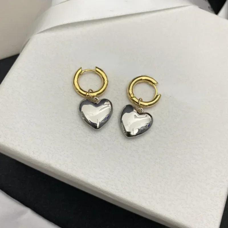 Statement Minimalist Gold  Color Mixed Metal Heart Pendant Hoop Earrings Street Style Korean Female Fashion Jewelry Gifts