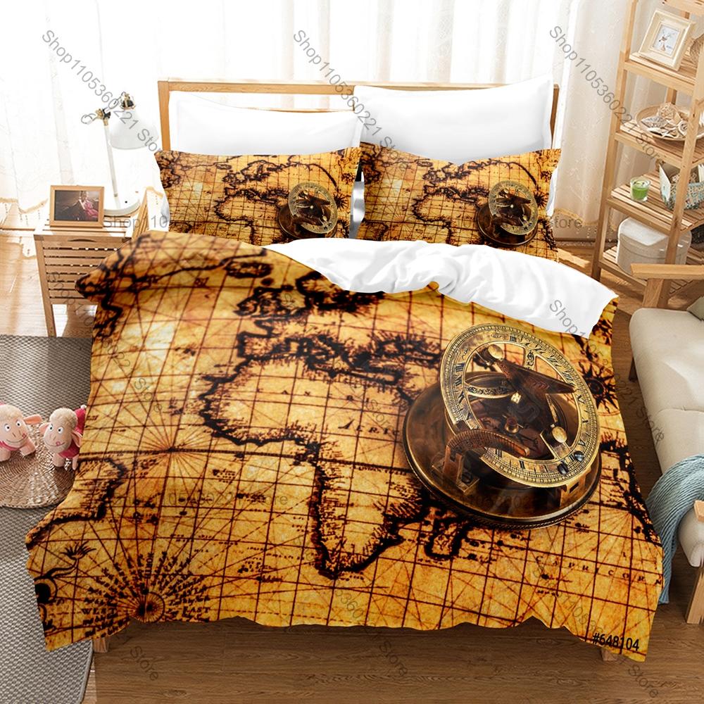Set Biancheria da Letto Bussola Mappa Retro, Copripiumino + 2 Federe, Lenzuola Grafiche Classiche di Navigazione