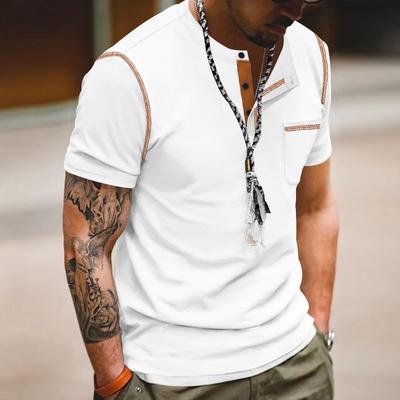 Summer New Loose Casual Patchwork T-shirt Homme Short Sleeve Simple Fashion All-match Pullover Tee Men Round Neck Buttons Top