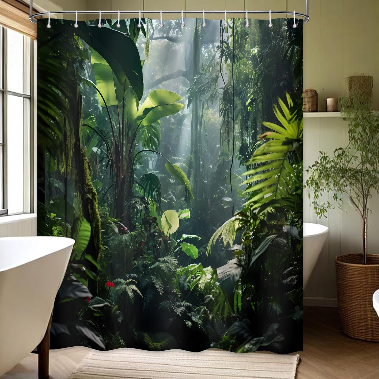 Annier Green Jungle Shower Curtain Nature Forest Rainforest Landscape Tropical Plant Scenery Bathroom Decor, Waterproof Fabric With