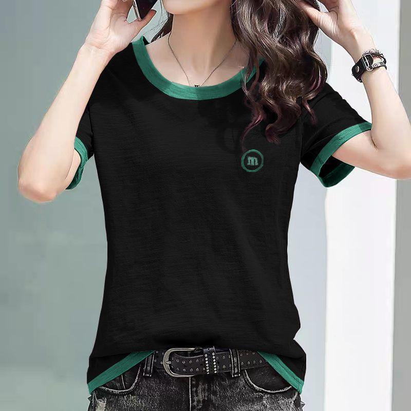 

Dopamine Wear Color Short Sleeve Summer New Bamboo Cotton Loose Embroidered Top Skinny Large Size Ladies 2XL чорний