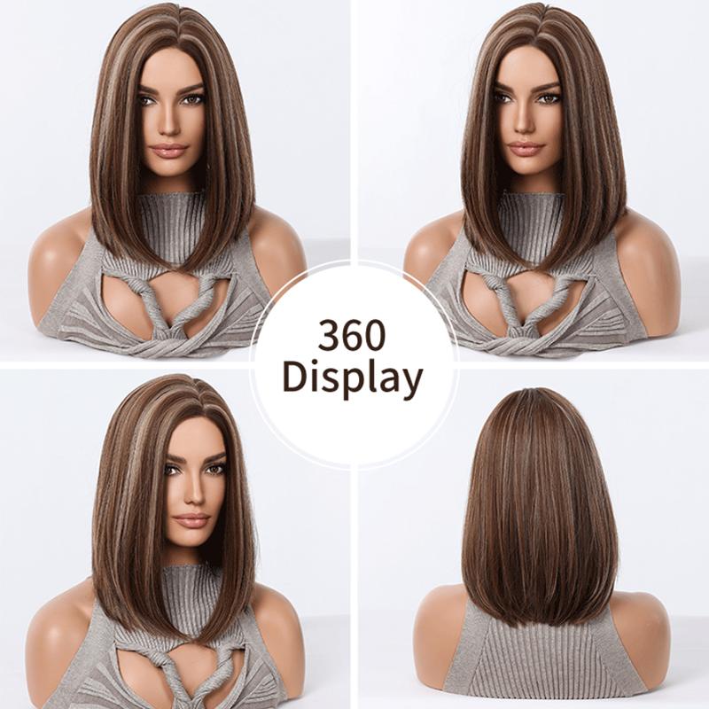 Peruca feminina curta e lisa da moda europeia e americana, cabeça ondulada dividida castanha, peruca sintética de seda de alta temperatura com faixa de cabeça