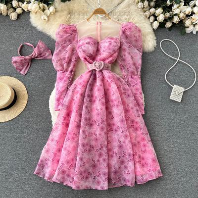 Women High Street Vintage Floral Print Long Midi Dress Summer Sweet Puff Sleeves Mesh Princess Party Sundress with Hair Hoop
