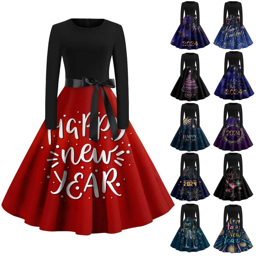 Dame Vintage Klassisk Kjole Langermet 2024 Nyttår Trykket Rund Hals Svingkjole