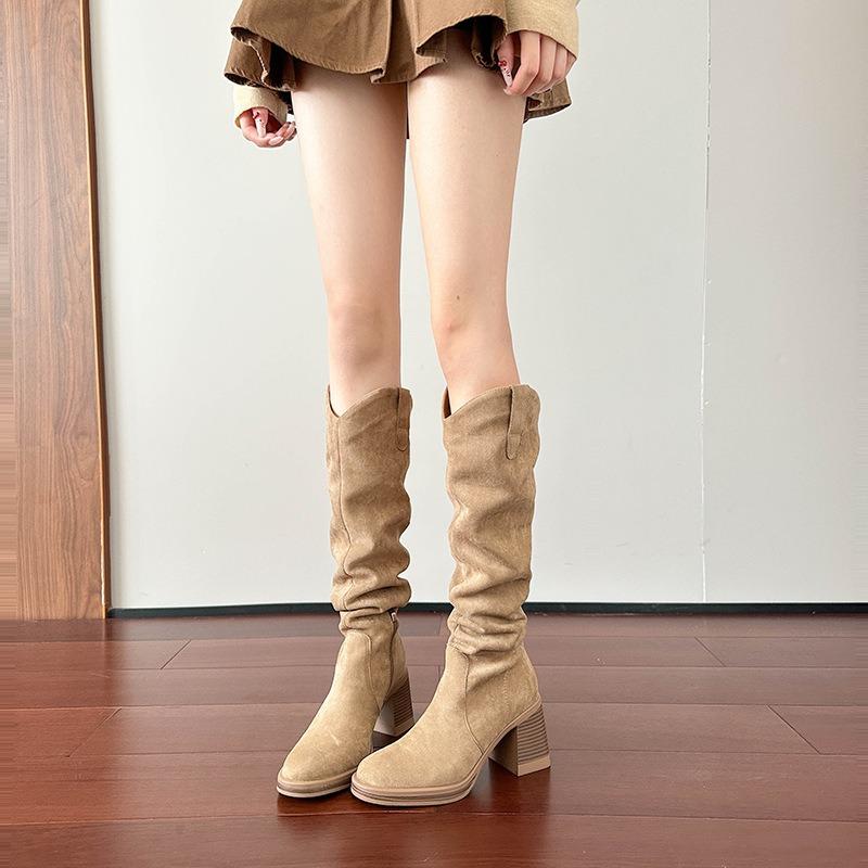Горячий ветер Маленький человек выглядящий тонким ботинки на толстом каблуке высокие ковбойские сапоги в западном стиле мягкая подошва высокий каблук длинные сапоги до колена женские 34 6930₽