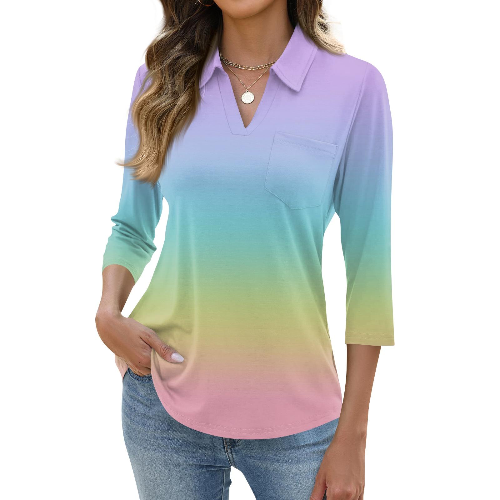 

Women s Fashion Casual Lapel Short 3/4 Sleeve Print Shirt Women s Up Tops S