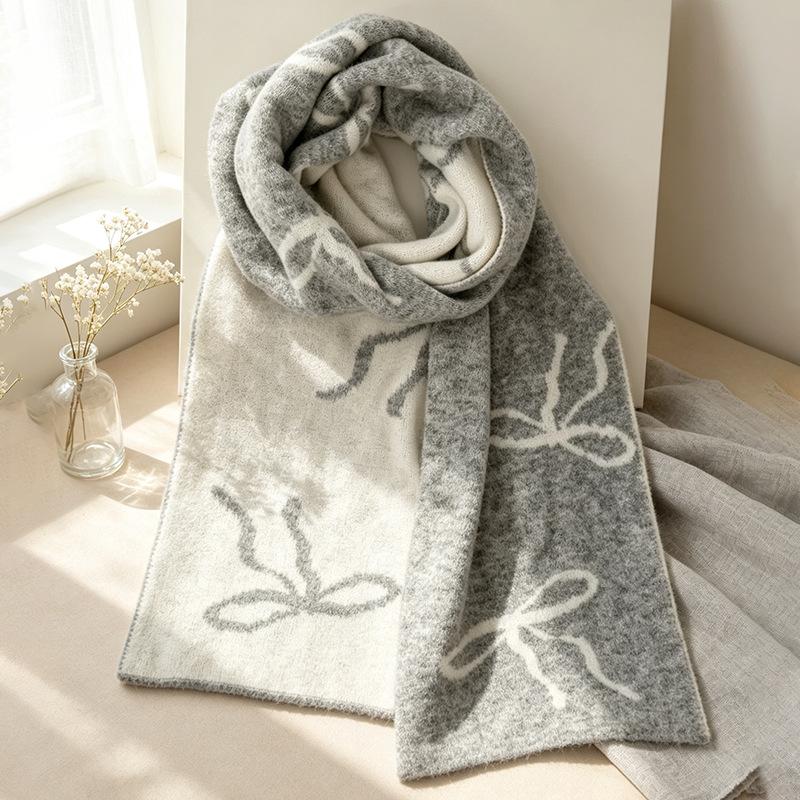 INS girly bow jacquard scarf wool blended double-sided contrasting scarf autumn and winter atmosphere temperament scarf