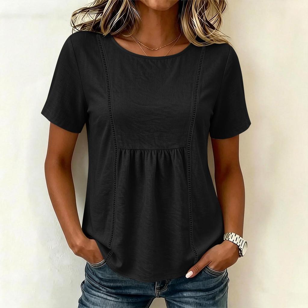 Women's Fashion Solid Color Round Neck Short Sleeve Patchwork Casual T Shirt Top Lightweight Comfortable Summer Tee