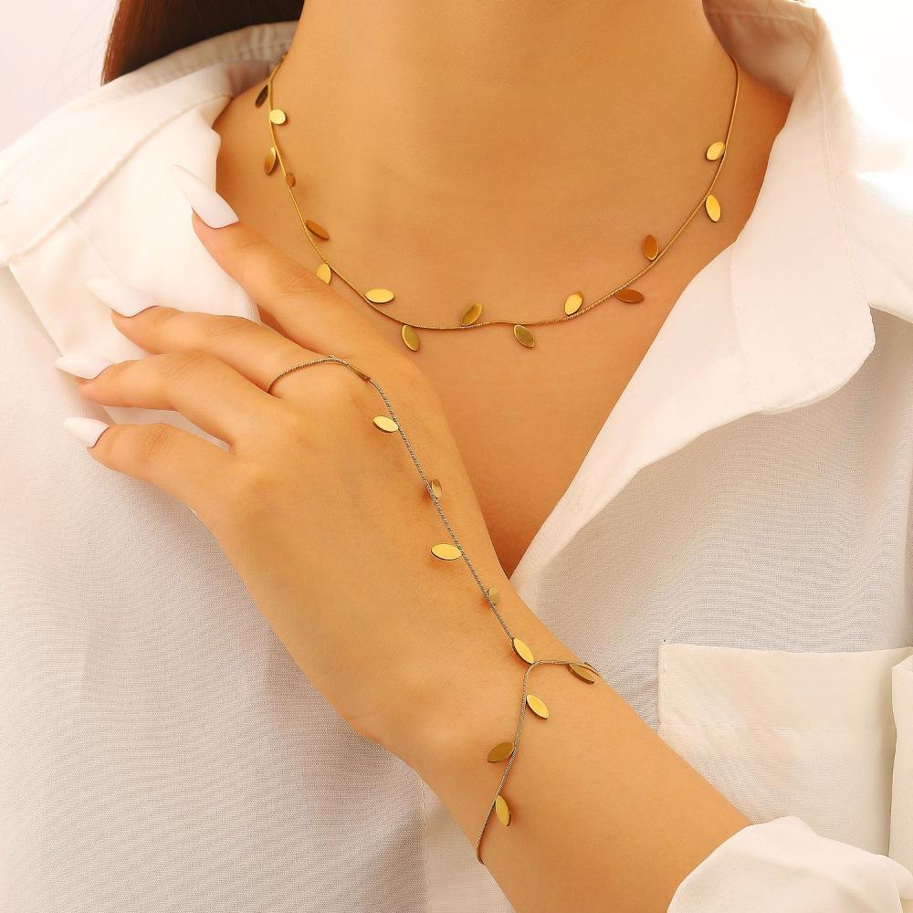 Simple Personality Gold Color Glossy Leaf Tassel Necklace Link Finger Chain Bracelet Set for Women Stainless Steel Jewelry Sets
