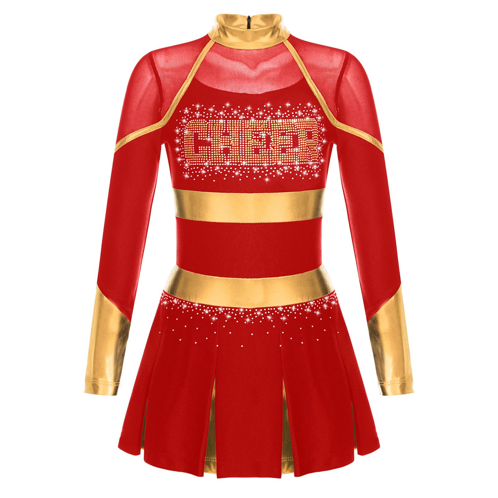 Kids Girls Cheerleading Uniform Cheerleader Dance Costume Glittery Rhinestones Letter Pattern Metallic Long Sleeve Pleated Dress 6