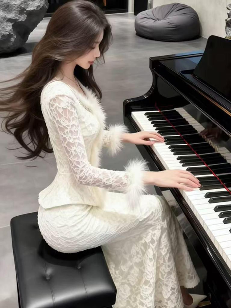 Gold Lace Mermaid Skirt & Cinched Waist Top Set for Women - Stunning 2026 Spring Arrival for Special Occasions