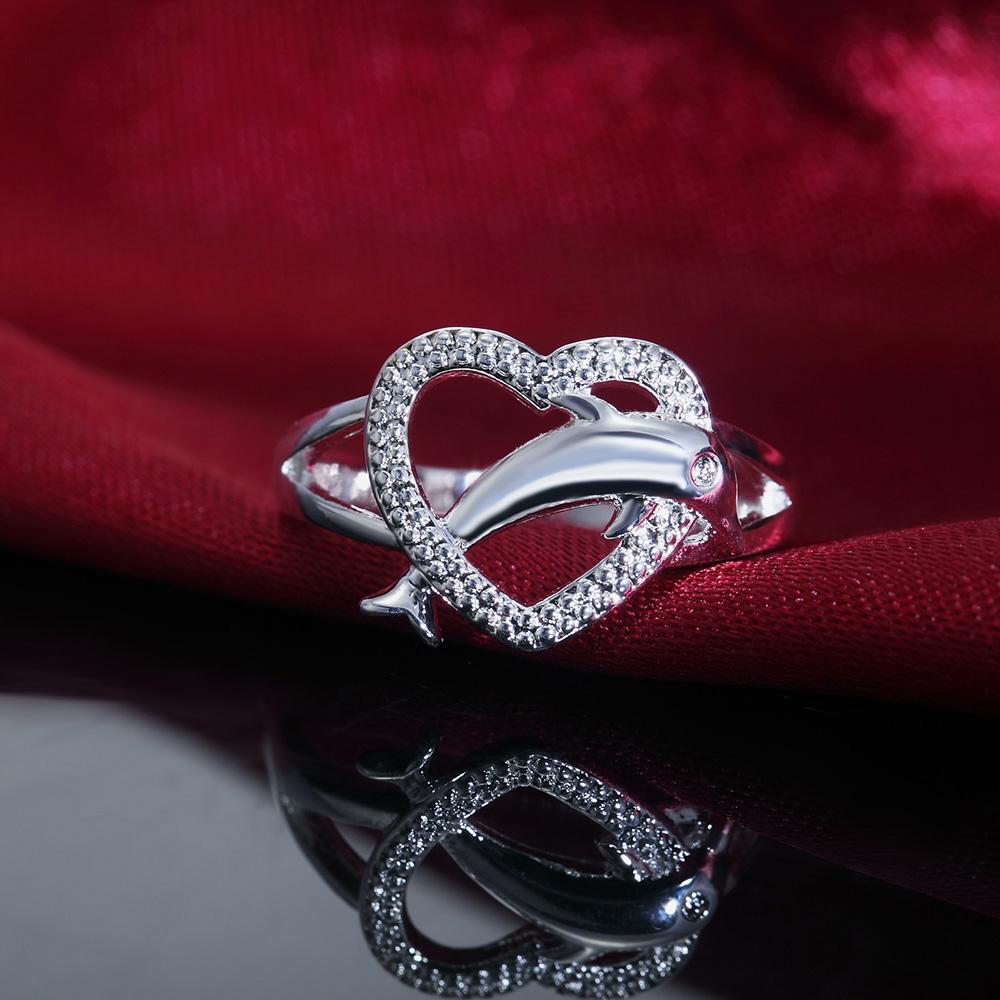 925 Sterling Silver Fashion Wedding Jewelry AAA Zircon Heart Fish Ring
