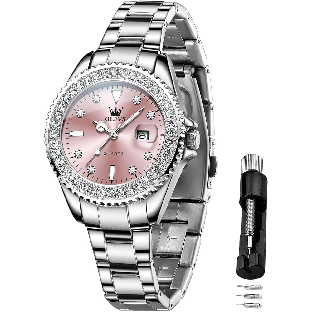 OLEVS Women s Quartz Watch Stainless Steel Pink Dial Luminous 30M Waterproof Fashion Business Gift